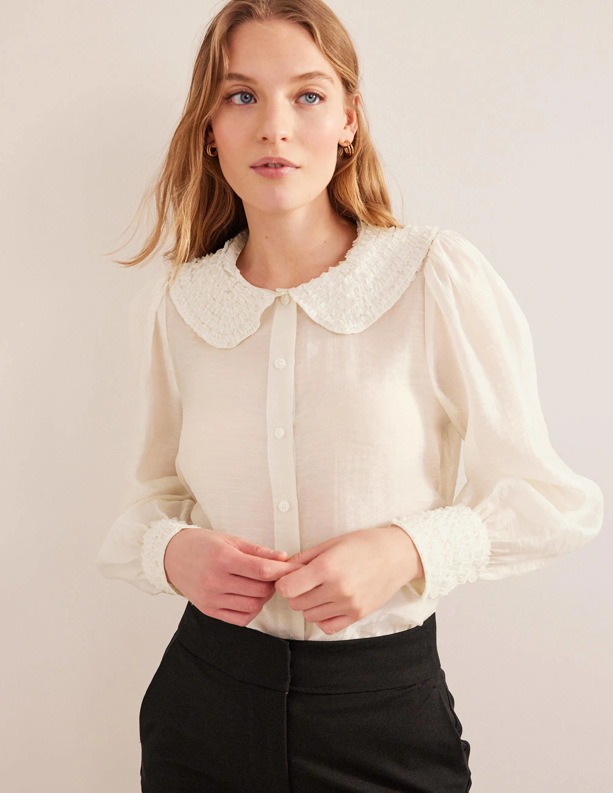 Ruffle Detail Organza Shirt-Ivory