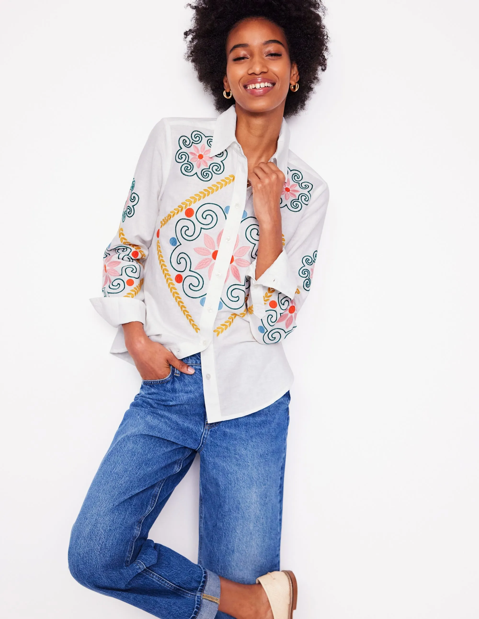 Sienna Embroidered Linen Shirt-White