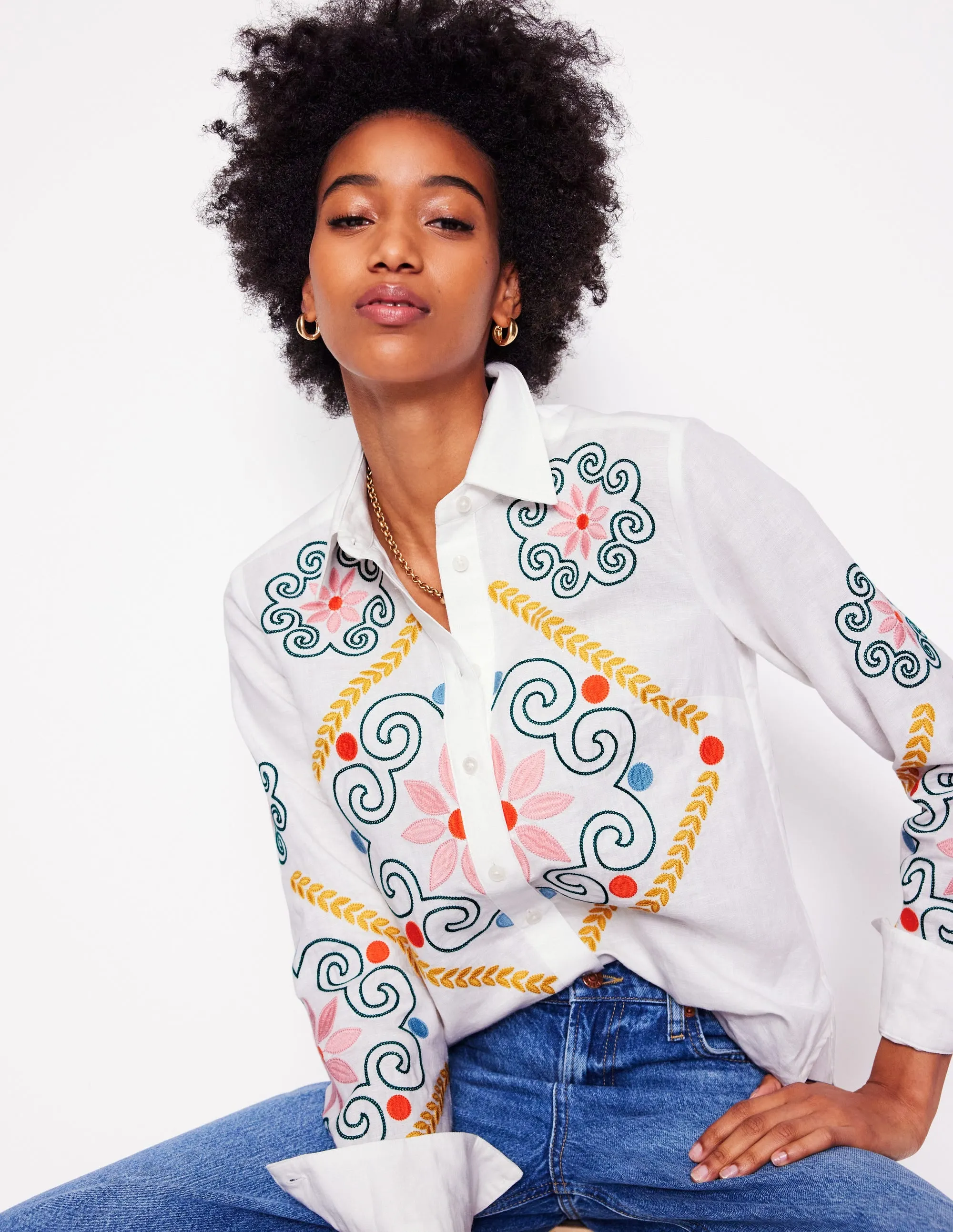 Sienna Embroidered Linen Shirt-White