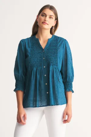 Smocked Cotton Blouse - Vintage Indigo