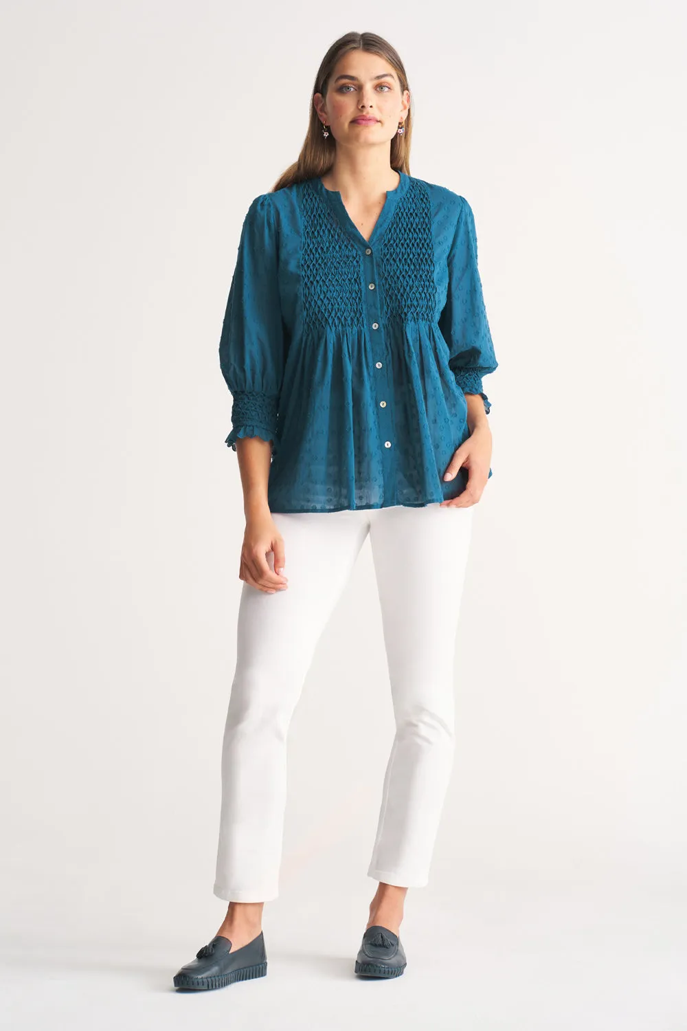Smocked Cotton Blouse - Vintage Indigo