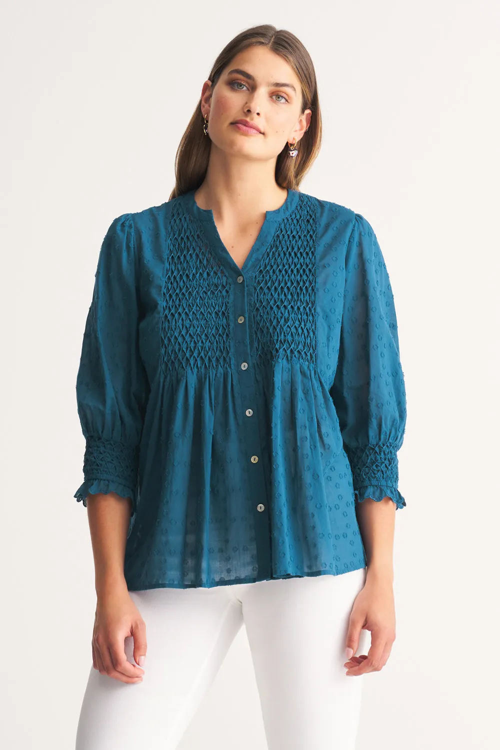 Smocked Cotton Blouse - Vintage Indigo