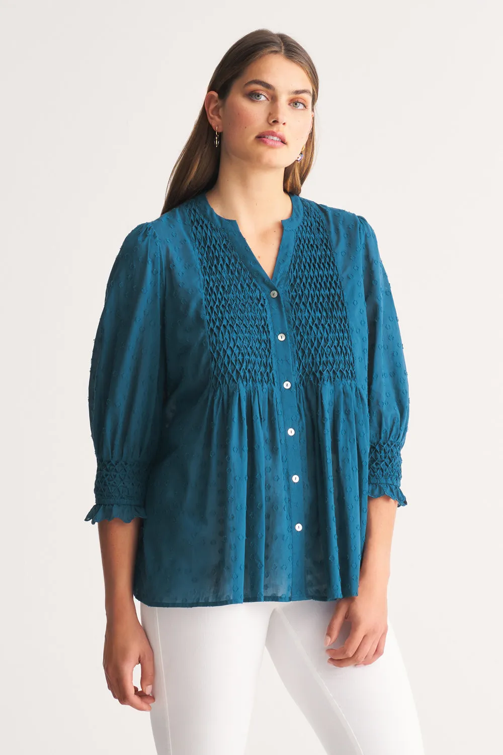 Smocked Cotton Blouse - Vintage Indigo