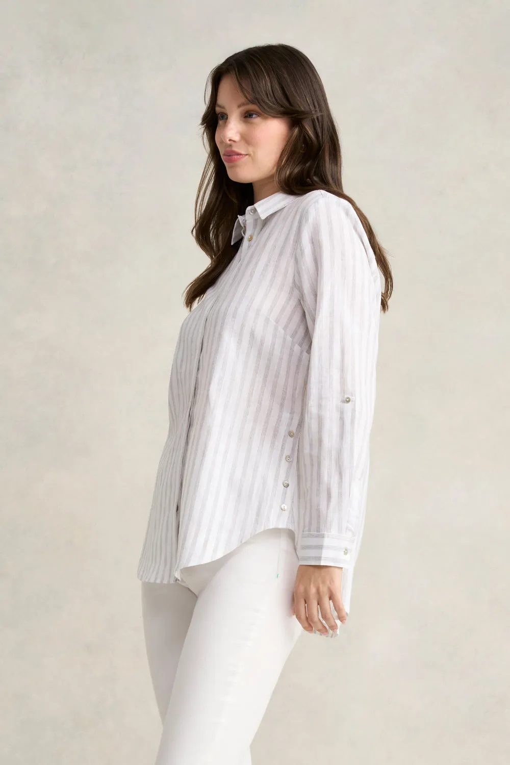 Stripe Side Button Shirt - Grey White Stripe