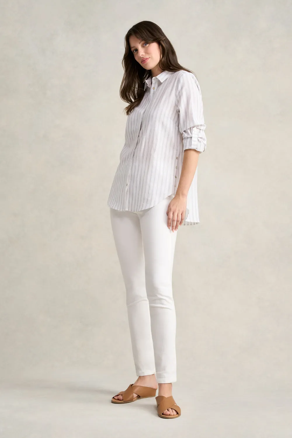 Stripe Side Button Shirt - Grey White Stripe