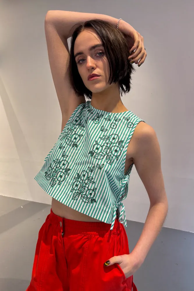 The Tiny Big Sister Striped Embroidered Off White and Emerald Top