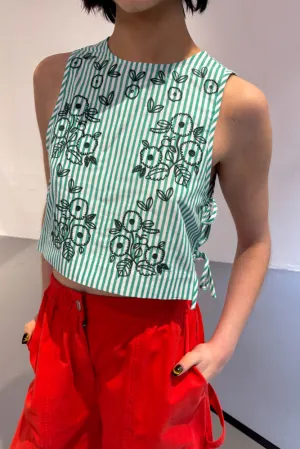 The Tiny Big Sister Striped Embroidered Off White and Emerald Top