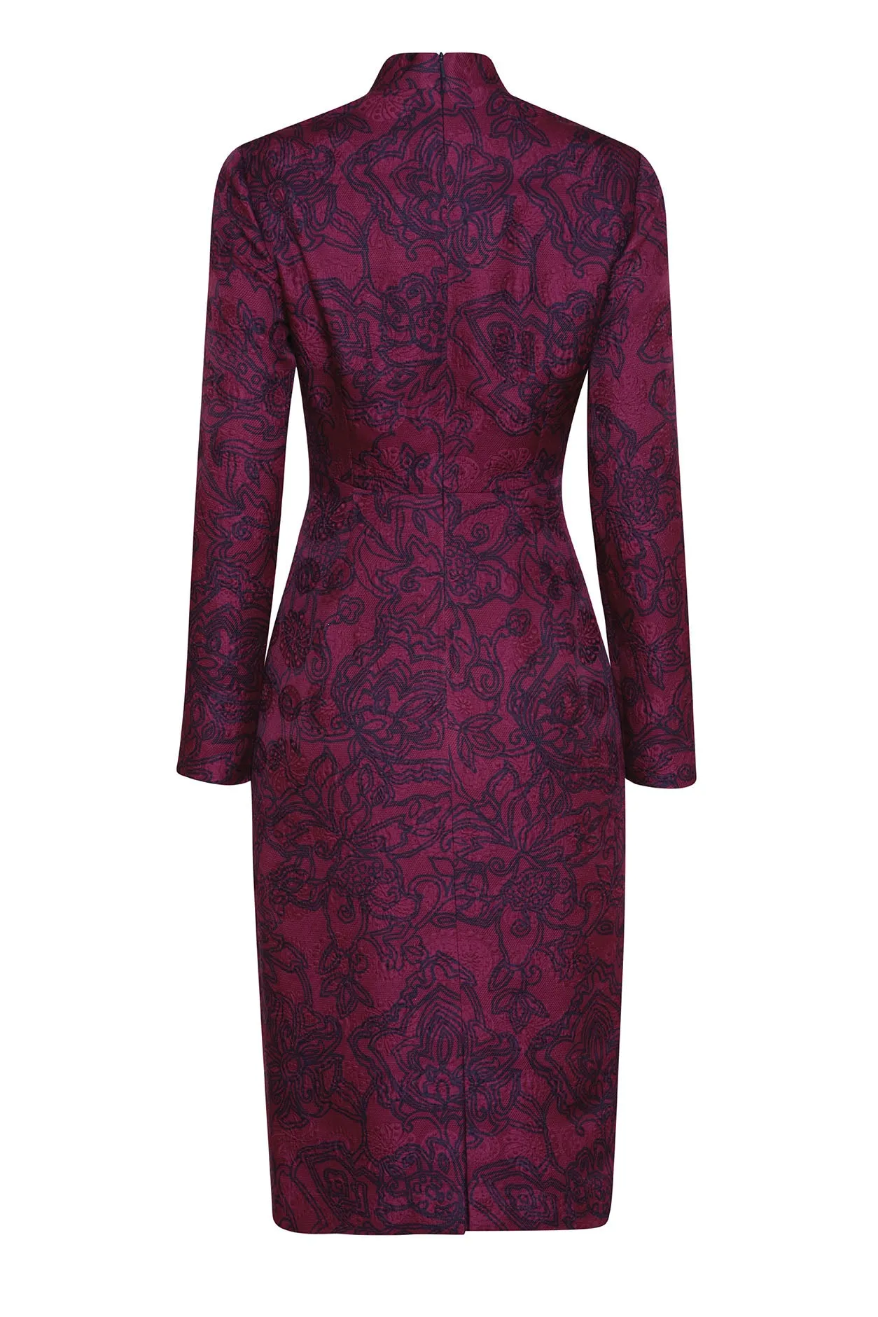 V-Neck Dress in Wine/Navy Silk/Wool Printed Matelassé - Emma