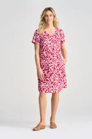 V-Neck Linen Dress - Pink & White Floral