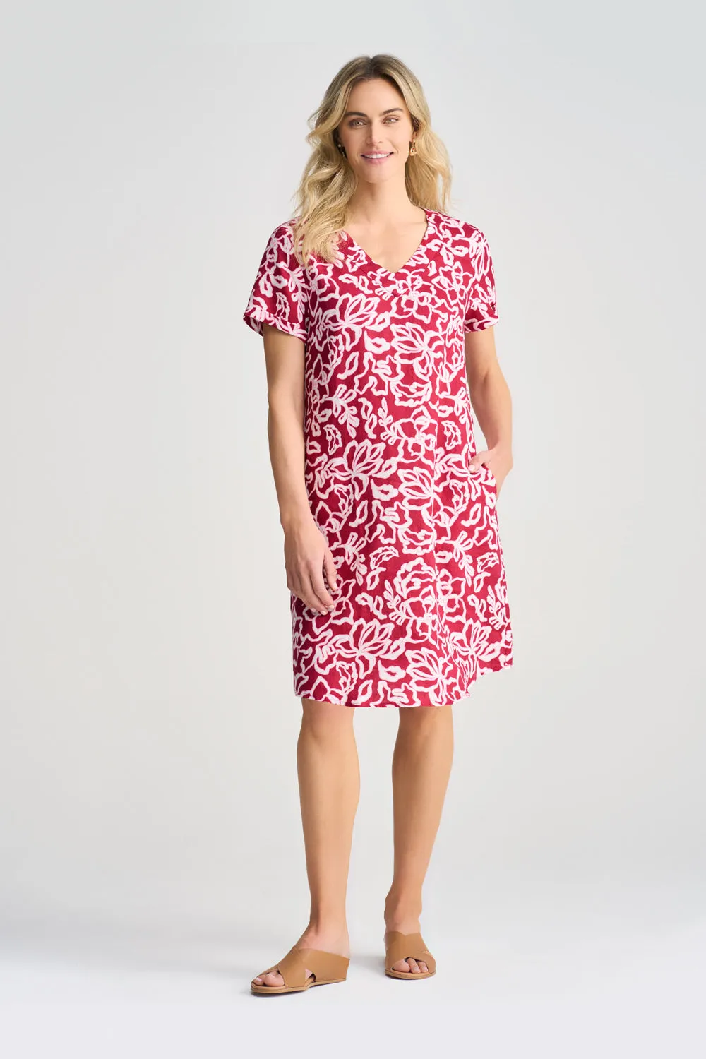 V-Neck Linen Dress - Pink & White Floral