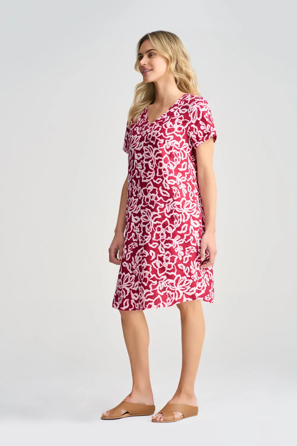 V-Neck Linen Dress - Pink & White Floral