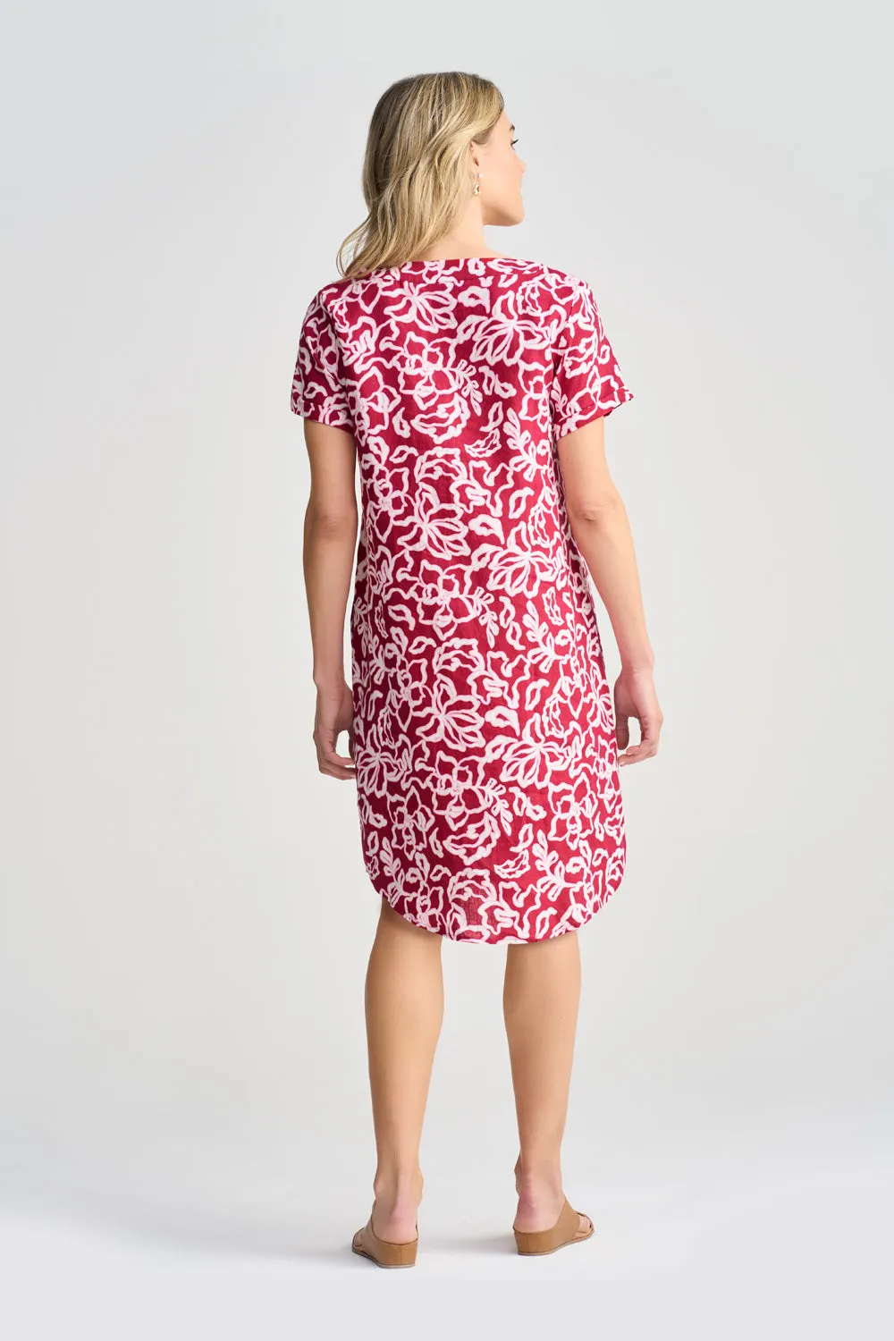 V-Neck Linen Dress - Pink & White Floral