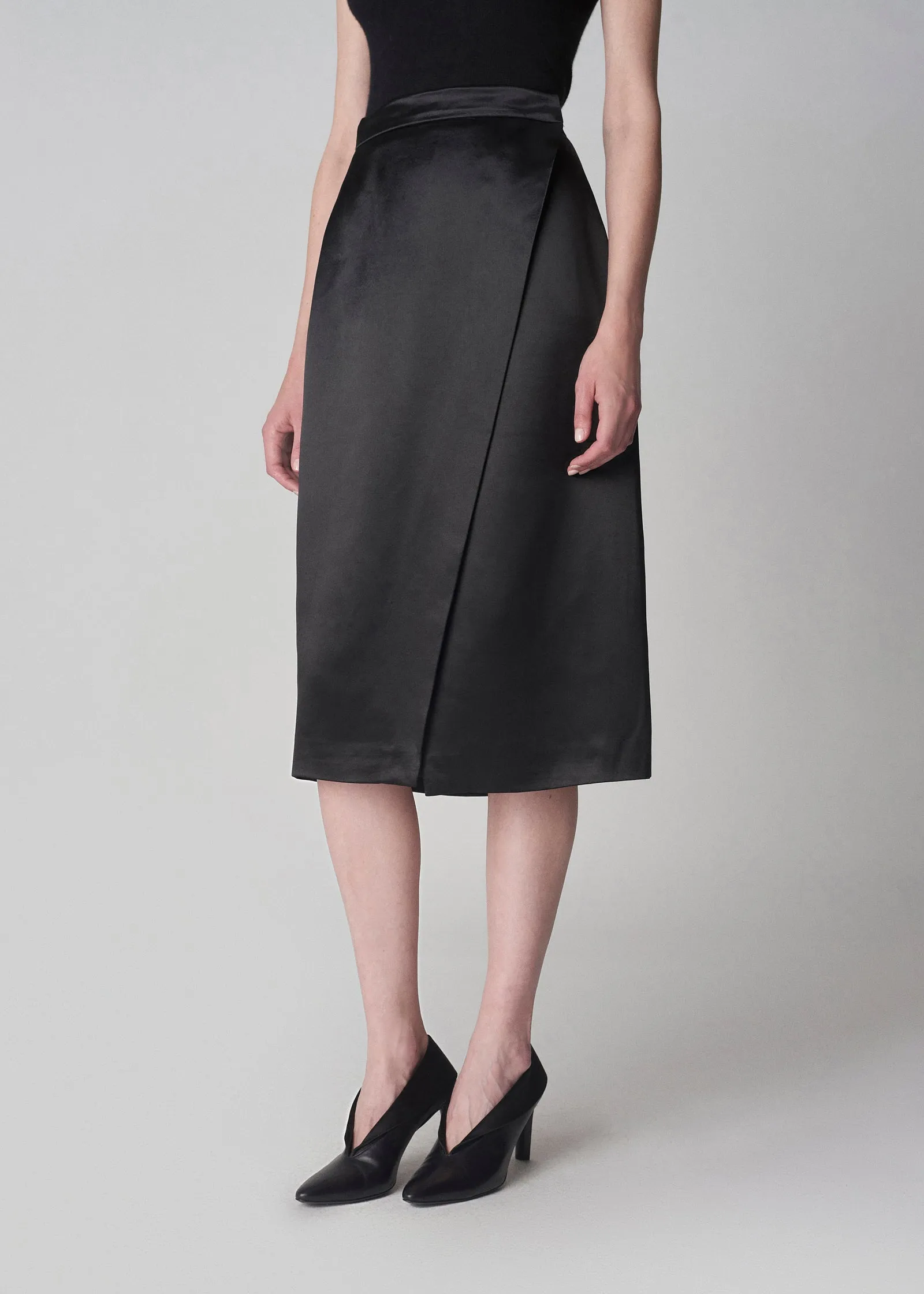 Wrap Petal Skirt in Satin  - Black