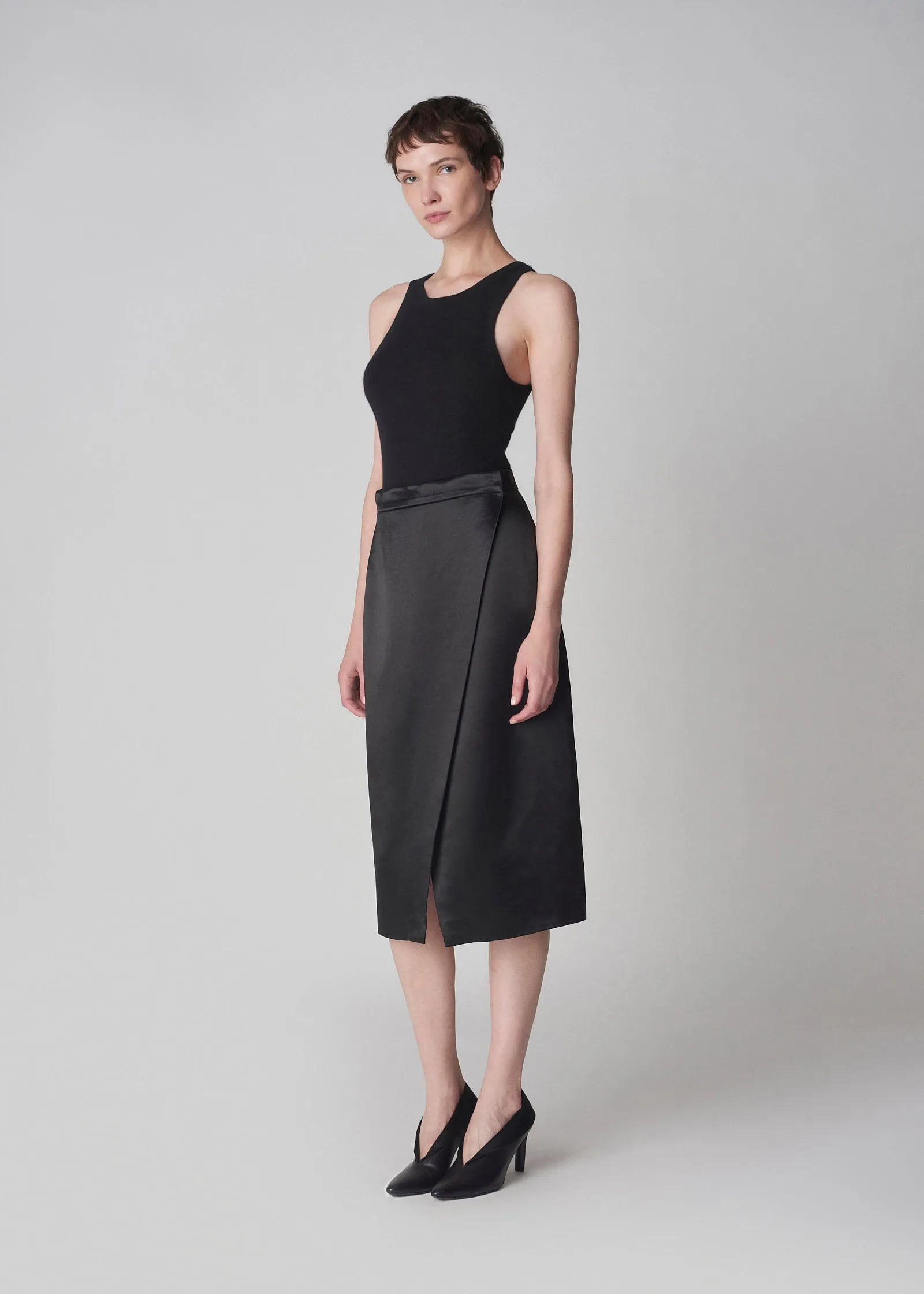 Wrap Petal Skirt in Satin  - Black