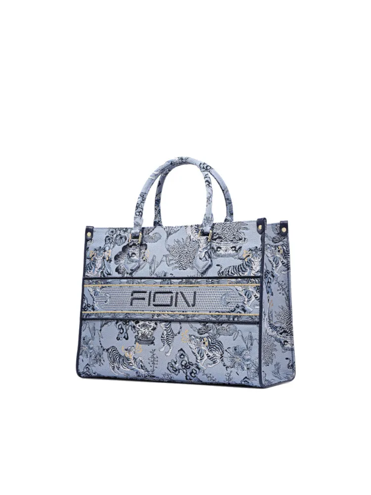 Zishi Tiger Jacquard with Leather Tote Bag