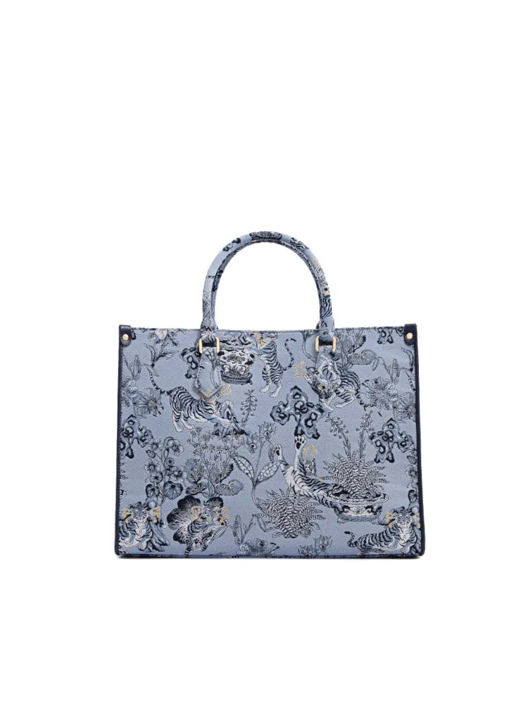 Zishi Tiger Jacquard with Leather Tote Bag